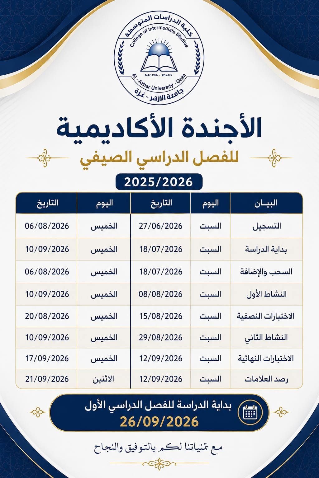 الأجندة الأكاديمية للفصل الدراسي الصيفي 